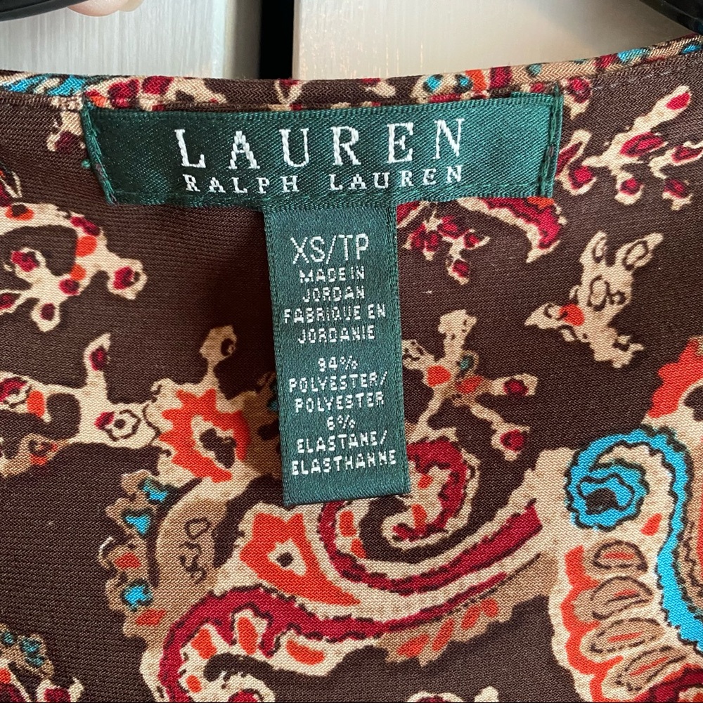 Lauren Ralph Lauren brown print faux wrap dress. Sz XS sleeveless - Picture 3 of 5
